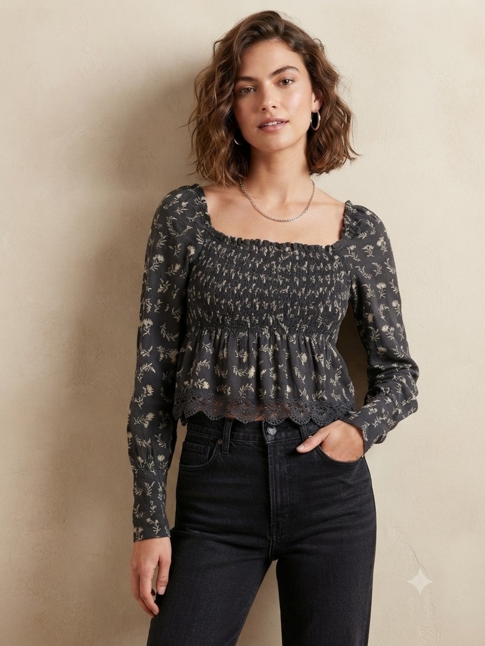American Eagle Outfitters Charcoal Floral Smocked Square-Neck Long Sleeve Top